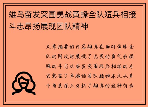 雄鸟奋发突围勇战黄蜂全队短兵相接斗志昂扬展现团队精神