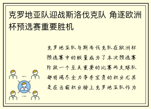克罗地亚队迎战斯洛伐克队 角逐欧洲杯预选赛重要胜机