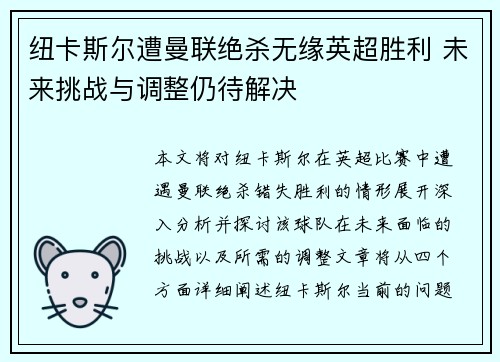 纽卡斯尔遭曼联绝杀无缘英超胜利 未来挑战与调整仍待解决