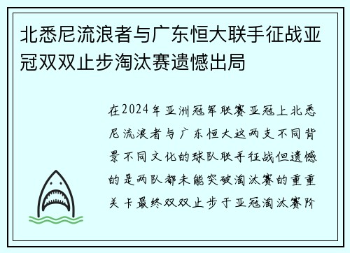 北悉尼流浪者与广东恒大联手征战亚冠双双止步淘汰赛遗憾出局
