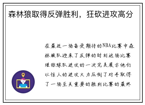森林狼取得反弹胜利，狂砍进攻高分