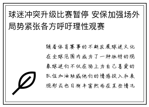 球迷冲突升级比赛暂停 安保加强场外局势紧张各方呼吁理性观赛