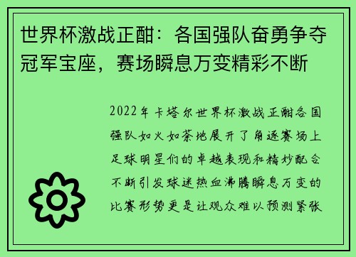 世界杯激战正酣：各国强队奋勇争夺冠军宝座，赛场瞬息万变精彩不断