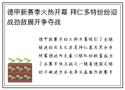 德甲新赛季火热开幕 拜仁多特纷纷迎战劲敌展开争夺战