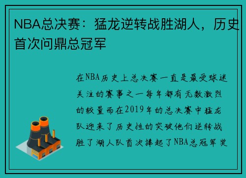 NBA总决赛：猛龙逆转战胜湖人，历史首次问鼎总冠军